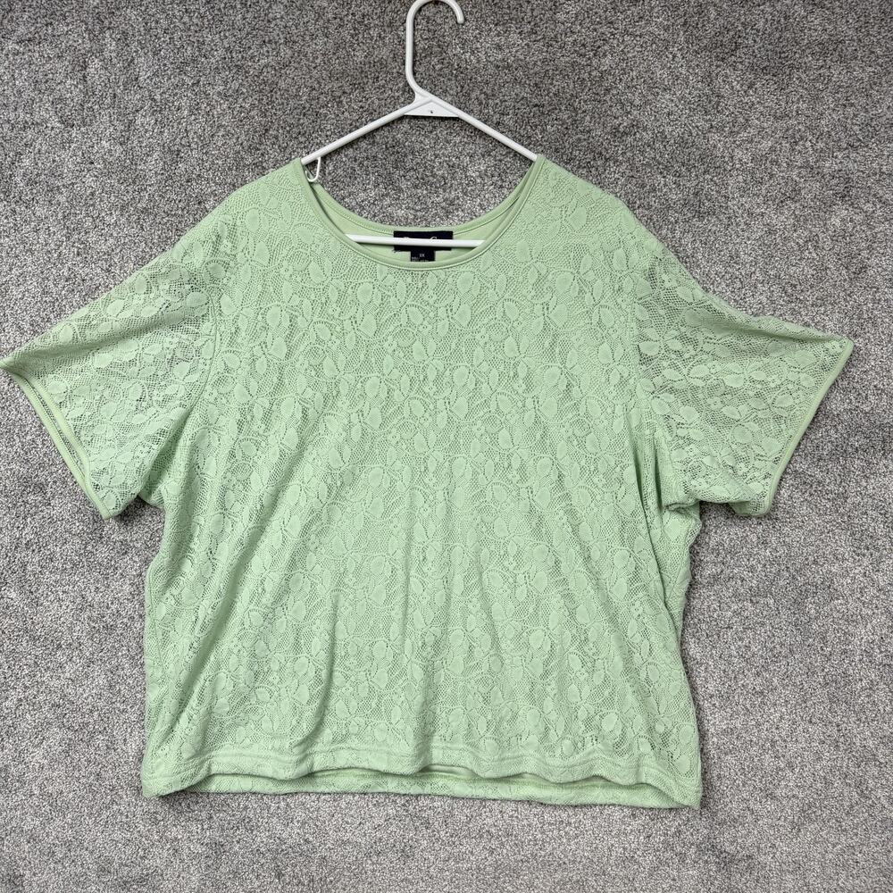 Denim & Co Blouse Womens 3X Plus Green Lace Floral Lined Spring Boho Fairycore